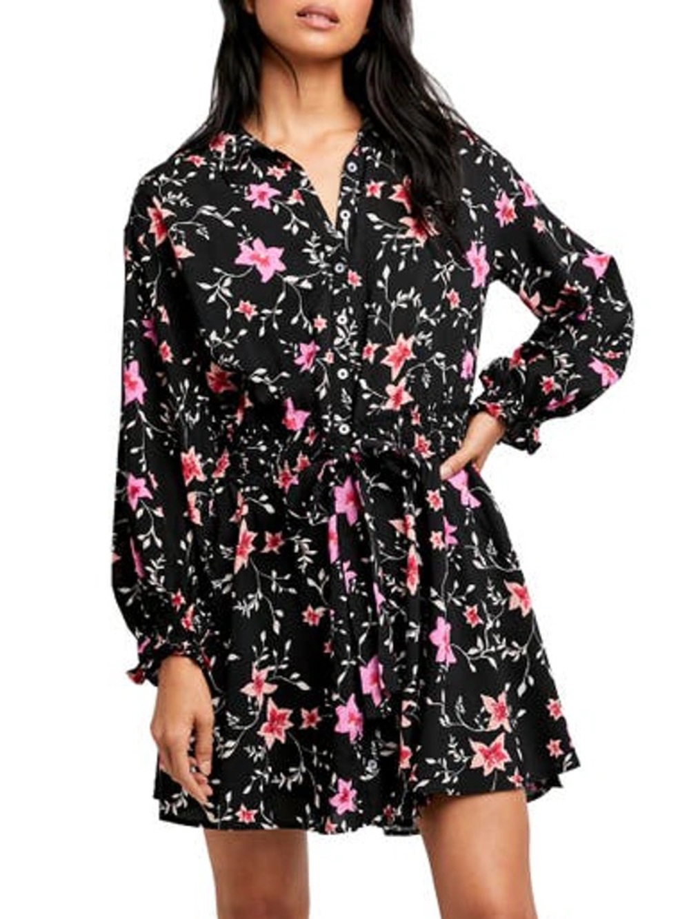 Free People Black Mini Dress with Pink Floral Print